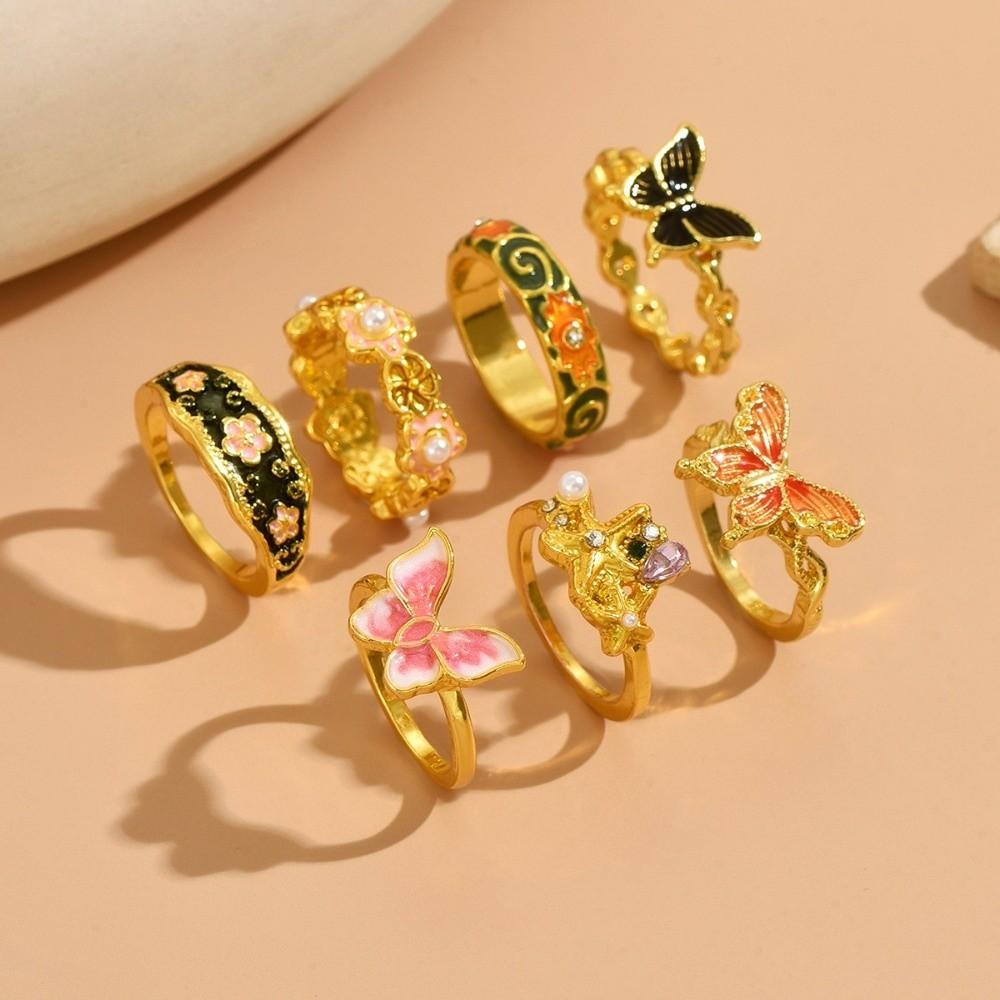 7Pcs/Set Camellia Flower Enamel Finger Rings Butterfly Irregular Rings Flower Ring Set  Jewelry