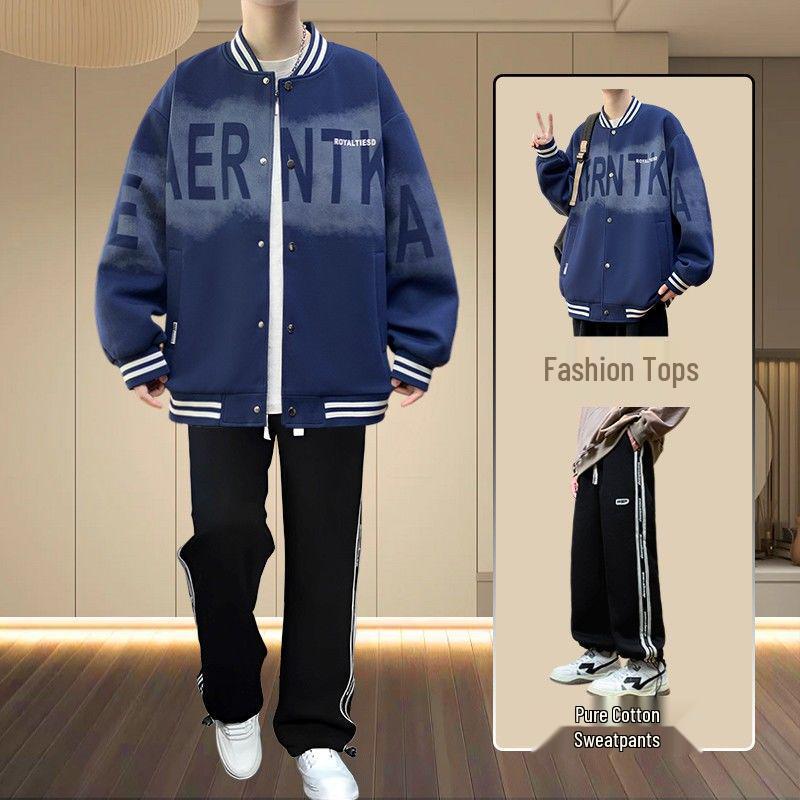 Men's Spring/Fall American Baseball Jacket: Trendy Hong Kong Style for Teens with Round Neck and Stylish Print