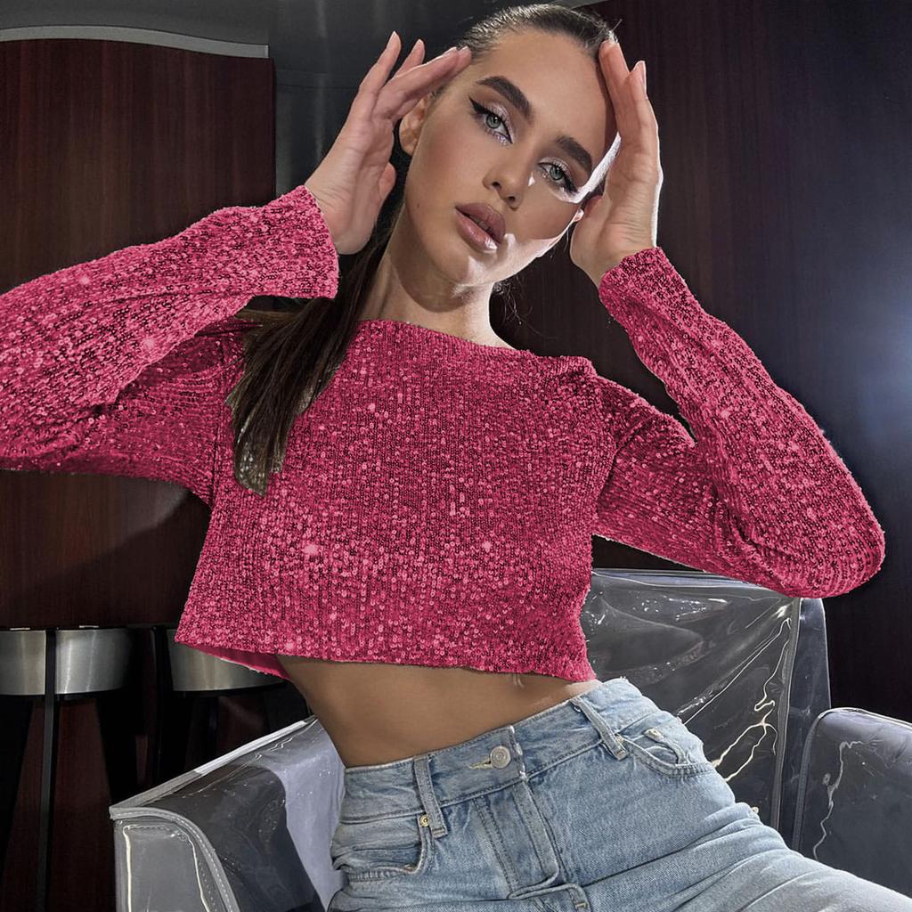 Women's Long Sleeve Sequins Casual Short Top