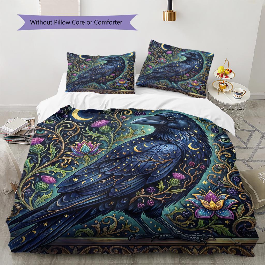 Flower Cat Crow Pattern Bedding,Quilt Set Quilt Cover Pillowcase Home Birthday Gift (1 * Duvet Cover + 2 * Pillowcase, Without Core)