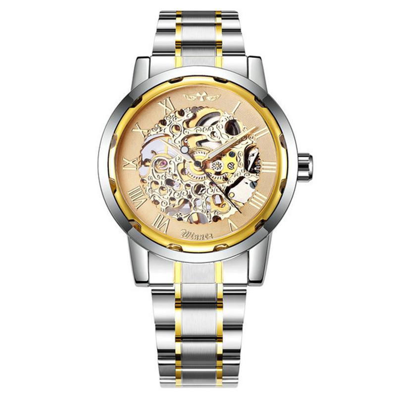 WINNER Men's Fashion Business Casual Skeleton Space Gold Strap Mechanical Watch