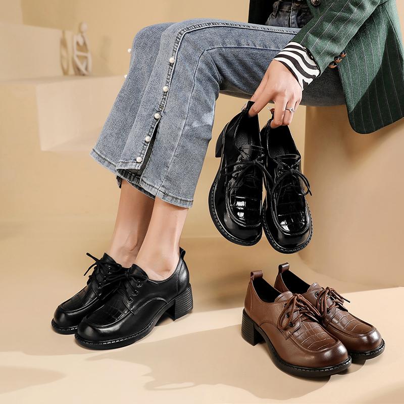 Fashion AIYUQI Women Shoes Loafers Genuine Leather Spring New Lace-up Mid Heels Shoes Women British Style Large size Women Shoes
