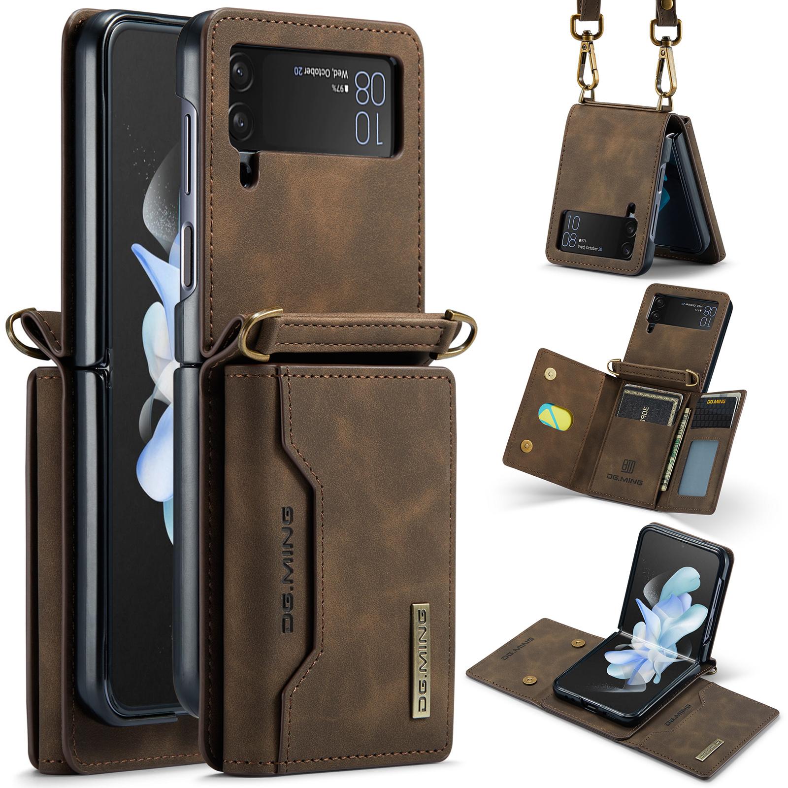 

DG.MING M2 Series for Samsung Galaxy Z Flip4 5G Magnetic Leather+PC Phone Case Kickstand Wallet Cover with Shoulder Strap Coffee