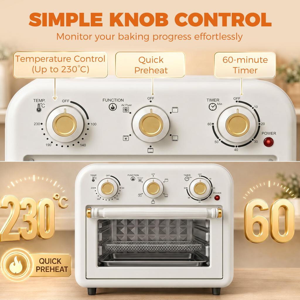 Air Fryer Toaster Oven, Convection Countertop Oven, with Adjustable Temperature and Timer, 12 L, Cream White
