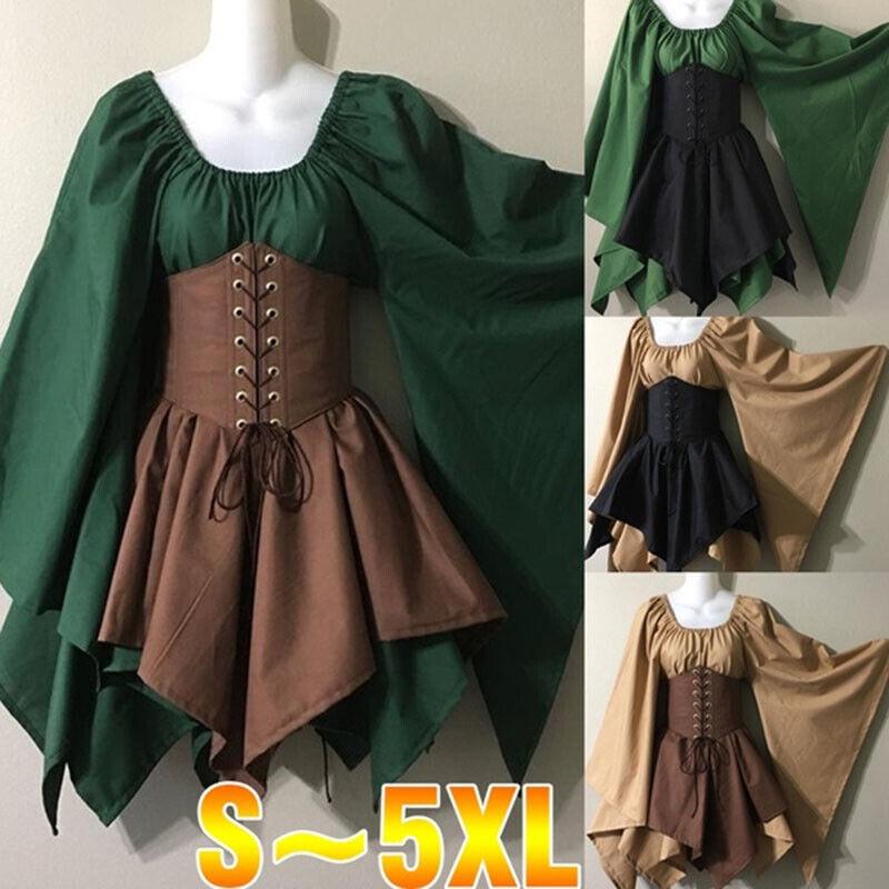 Women Medieval Woodland Elf Fairy Dress Corset Set Top Skirts Halloween Costume