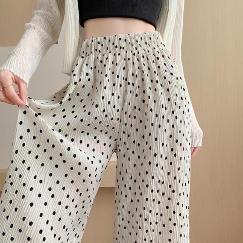 Polka Dot Pleated Wide Leg Pants for Women Summer Thin High Waist Drape Straight Loose Ice Silk Feel Floor Long Pants