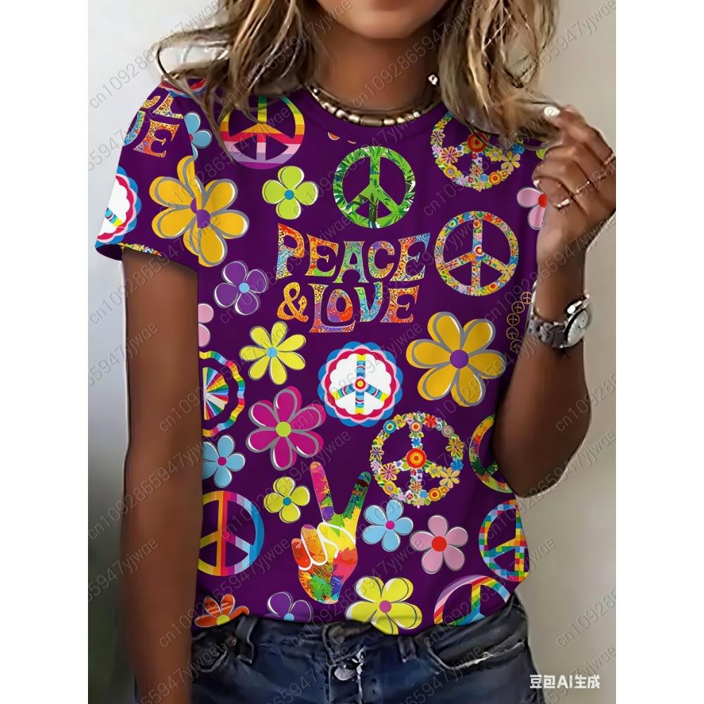 Summer Women's Short Sleeve Pattern and Peaceful Love Printed Round Neck T-shirt