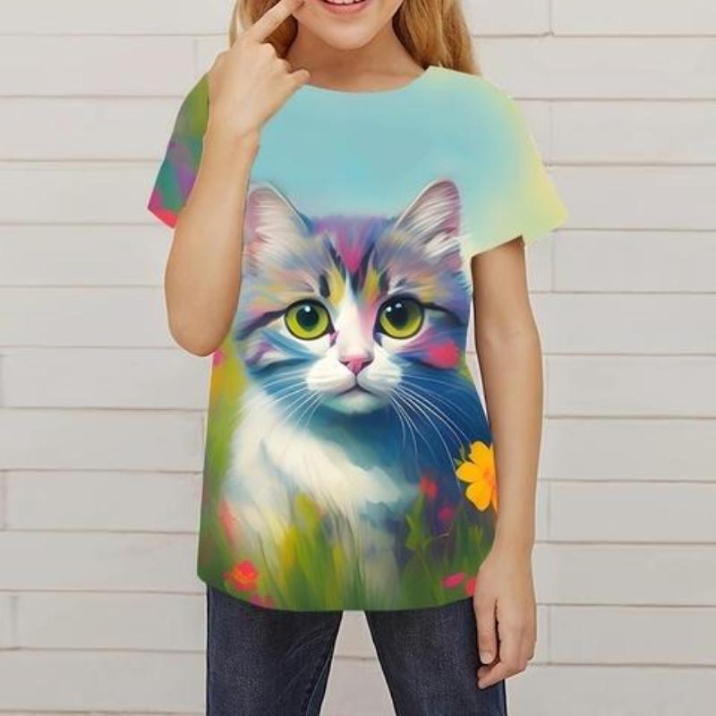 Children's Cartoon Animal Cat Dog Print Colorful Cute T-shirts Boys Long Sleeved Fashionable Soft Comfortable Top