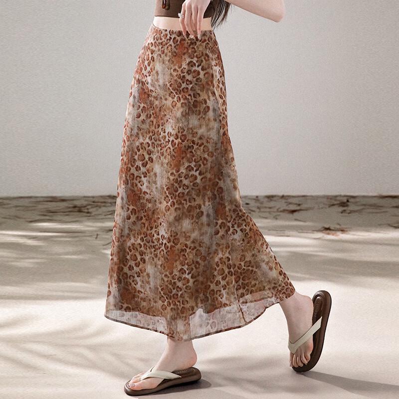 La Chapelle Gold Thread Chiffon Leopard Print A-Line Midi Skirt S