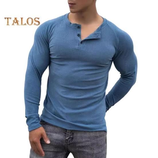 Spring Fall Men Top Buttoned Round Neck Slim Fit Long Sleeves Solid Color Pullover Mid Length Stretchy Sport Jogging T-shirt