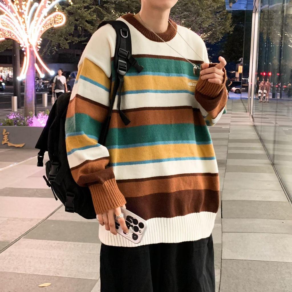 Men's Retro Color-Blocked Striped Sweater - Soft, Cozy, Loose-Fit Knitwear for Autumn/Winter Casual Wear