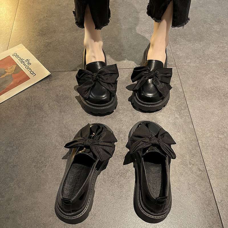 Black loafers women's new summer niche bow platform British style small leather shoes retro shoes single shoes women's shoes