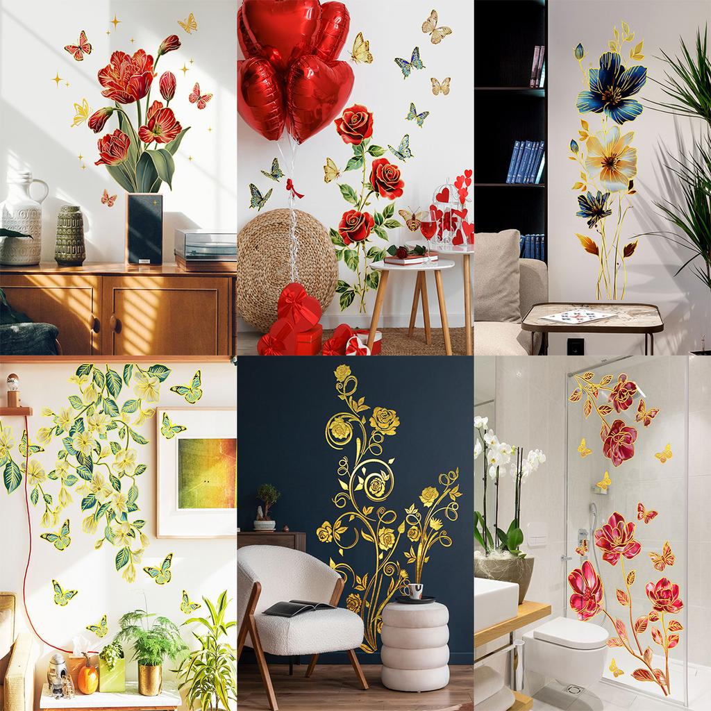 Hand-Painted Lines, Flowers, Butterflies, Bronzing Wall Stickers, Decorative Children'S Room, Bedroom Background Self-Adhesive Wall Stickers
