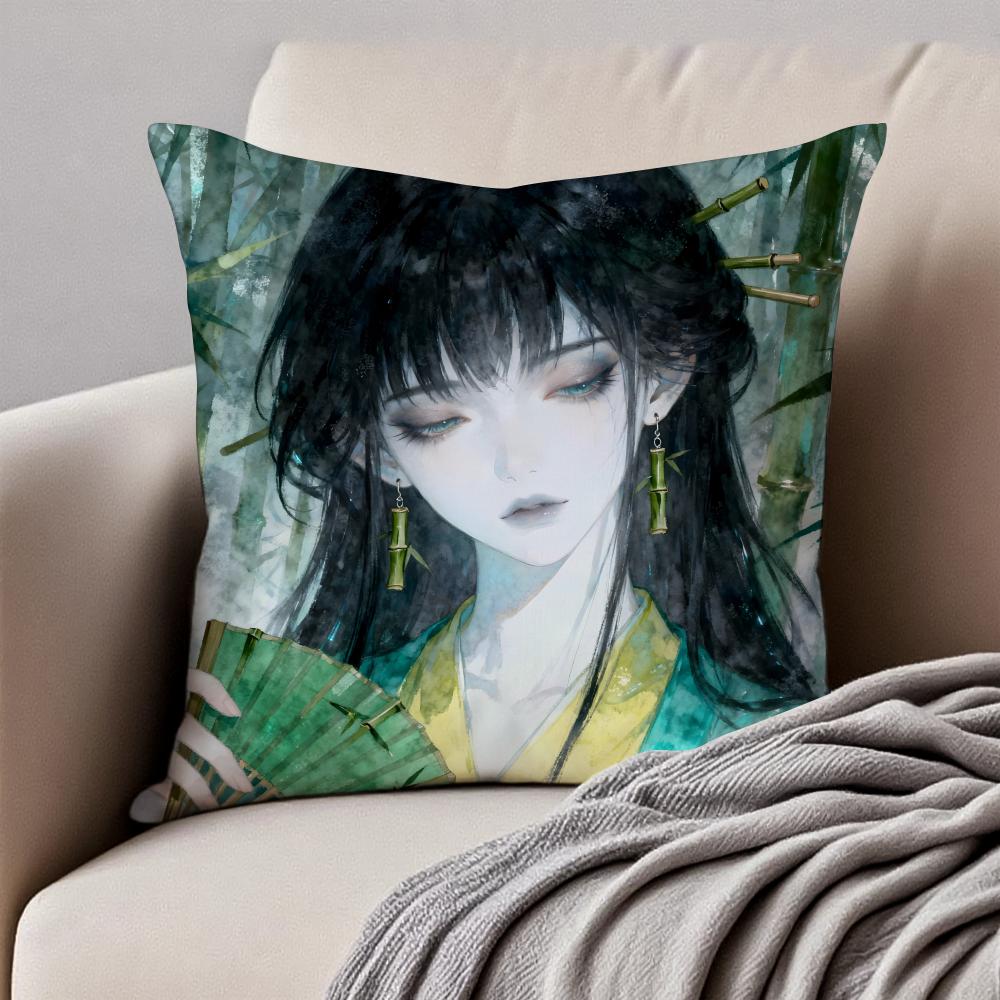 Elegant Nine Phases of Ink Painting Art Cushion Cover Pillowcase Antidustmite Invisible Zipper Short Plush Sofa Cushion