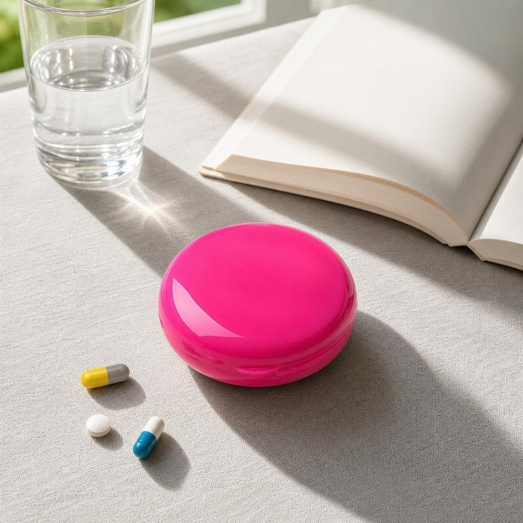 Round Rotating Plastic Pill Organizer Seven Compartment Portable Storage Case for Medication Supplement Travel Use