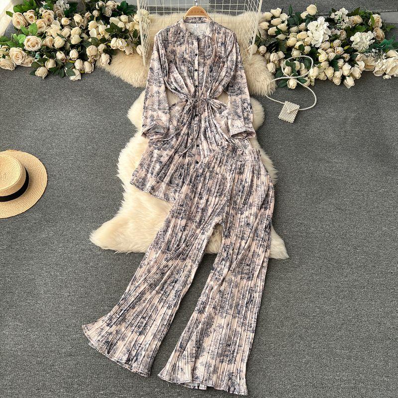 Fashion Wind Lace-up Waist-Controlled Casual Wide-Leg Trousers Tops