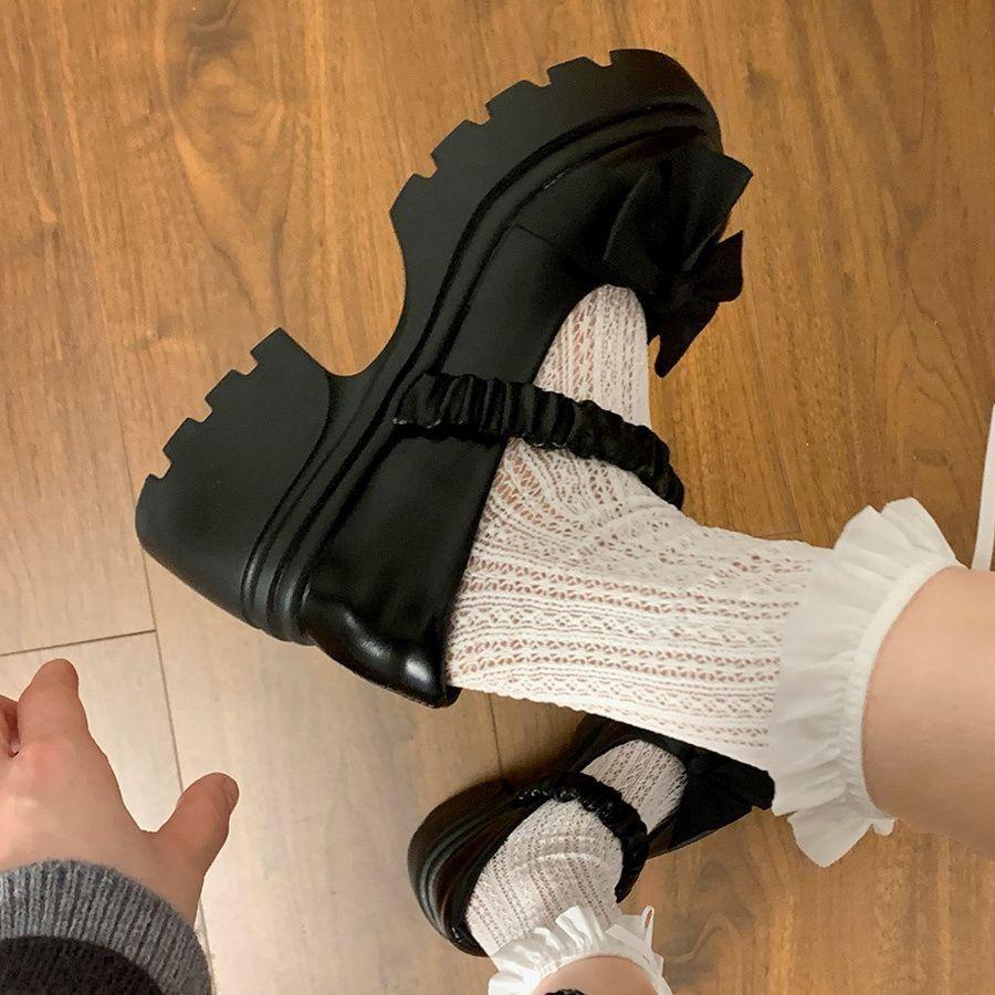 22 dicksohlige Mary Jane kleine Lederschuhe Frühling und Sommer Französische High-Heel Muffin-Absatz dicker Absatz Schleife einzelne Schuhe