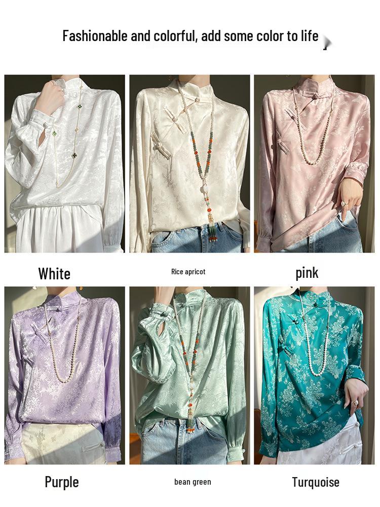 2024 Spring/Summer Women's Chinese Style Satin Jacquard Stand Collar Shirt