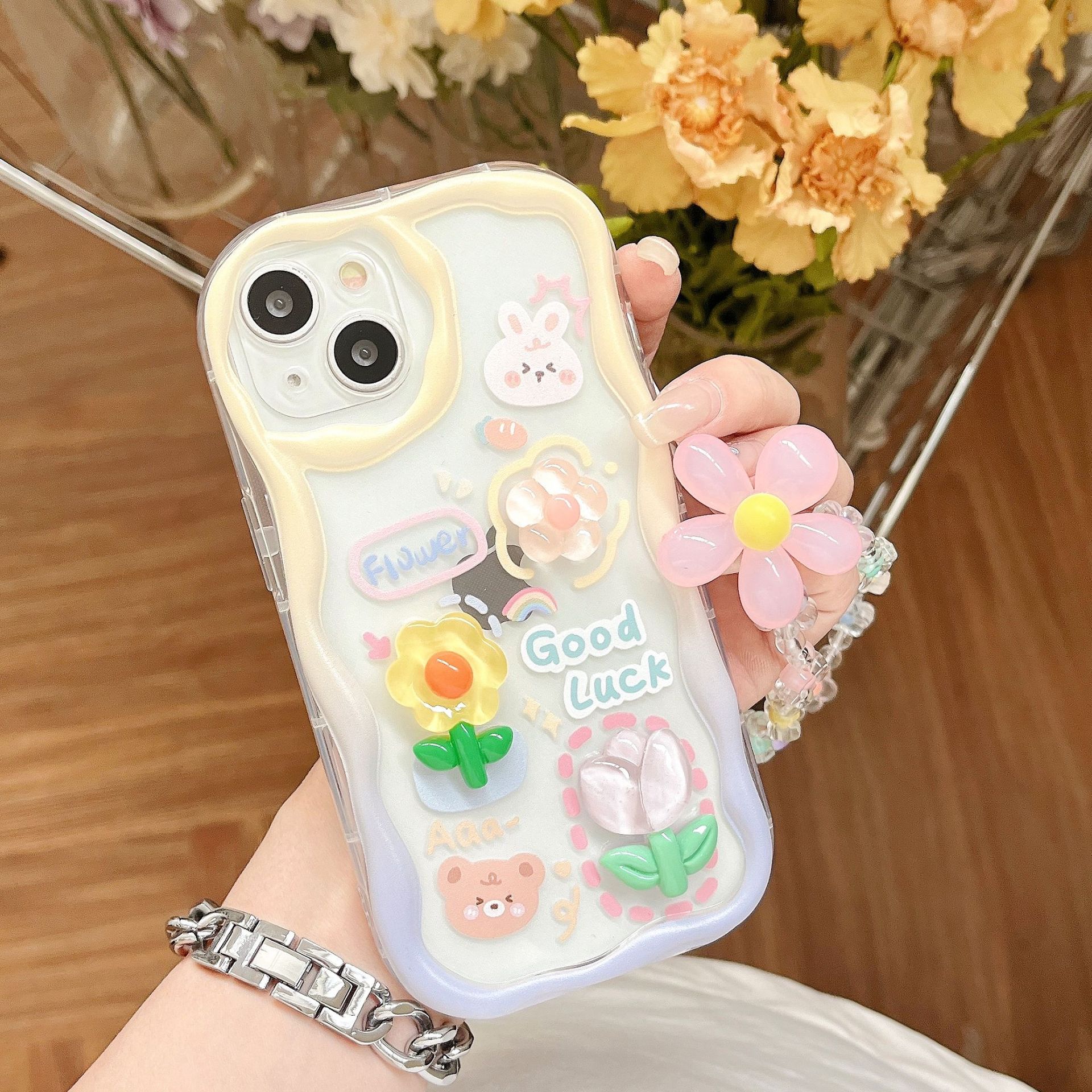 

Чехол для мобильного телефона Flower Bear для iPhone 16PRO Apple 13 12 Cream Shell, полнофункциональный защитный чехол от падения Huawei Apple 16PROMAX