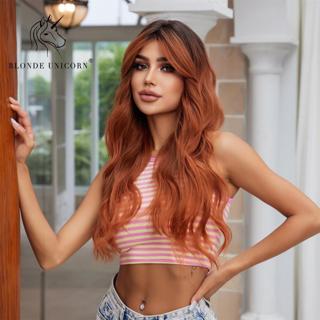 BLONDE UNICORN Ombre hnědá měděná červená syntetická paruka Dlouhé vlnité paruky s ofinou Cosplay Party Použití tepelně odolného vlákna pro ženy