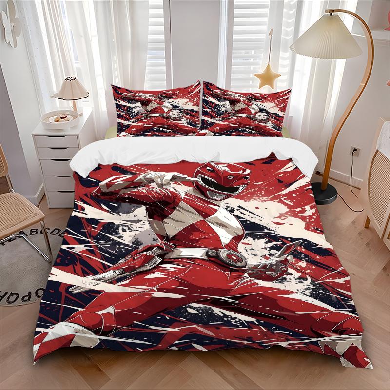 3pcs Red Ranger in Action Printed Quilt Set - Includes 1 Quilt Cover and 2 Pillowcases, Machine Washable - Suitable for All Seasons.W071