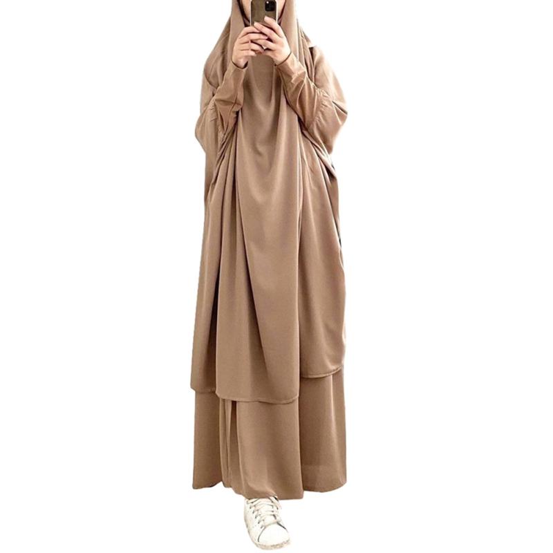 Large Hem Solid Color Robe Dress Hood Set Muslim National Costume
