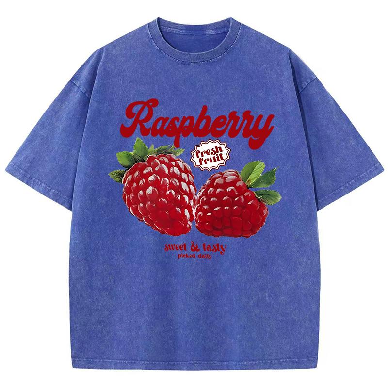 T-shirts Lavés Imprimés Fruits Frais Framboise pour Femmes Hauts en Coton Confortables T-shirts Décontractés à Col Rond Vêtements d'Été pour Femmes