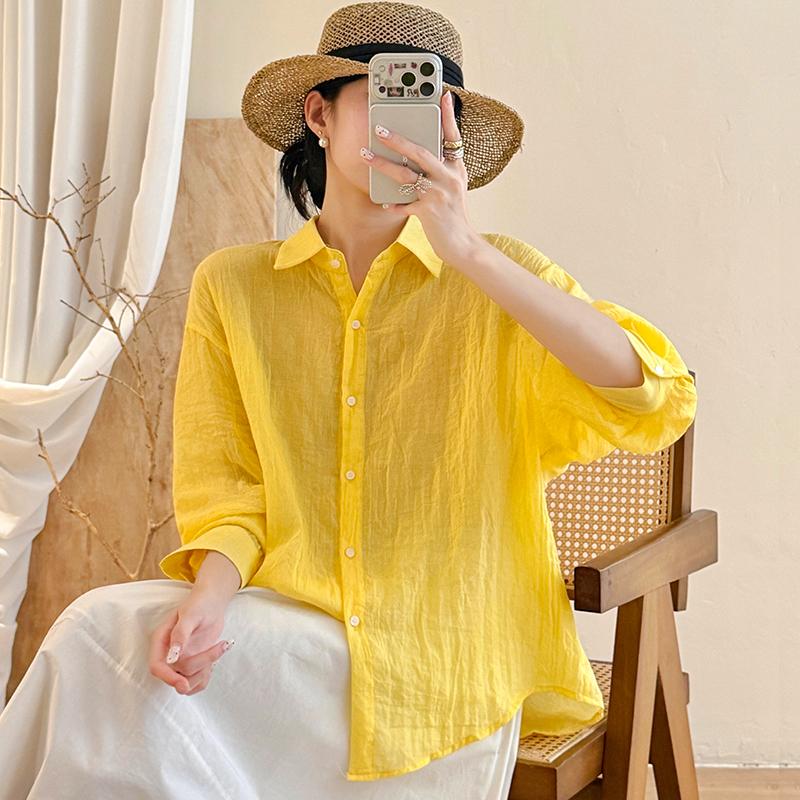 DIMANAF 2026 Summer New Plus Size Women Blouse Shirt Vintage Loose Cotton Linen Casual Lady Tops Button Solid