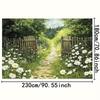 Country Garden Path Tapestry, Rustic Wooden Gate with Daisies Background Cloth, for Farmhouse and Cottage Home Decor
