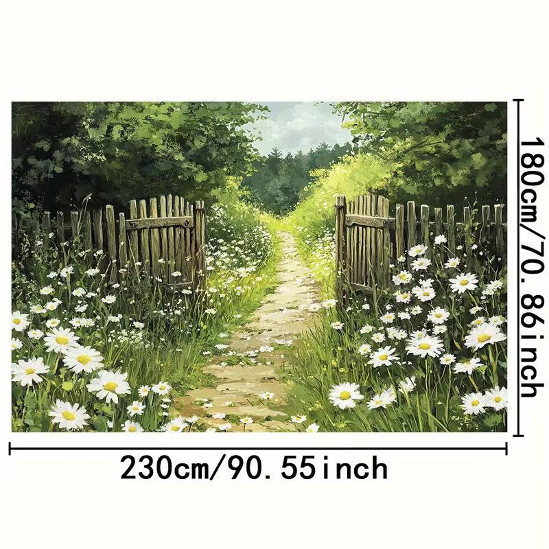 Country Garden Path Tapestry, Rustic Wooden Gate with Daisies Background Cloth, for Farmhouse and Cottage Home Decor
