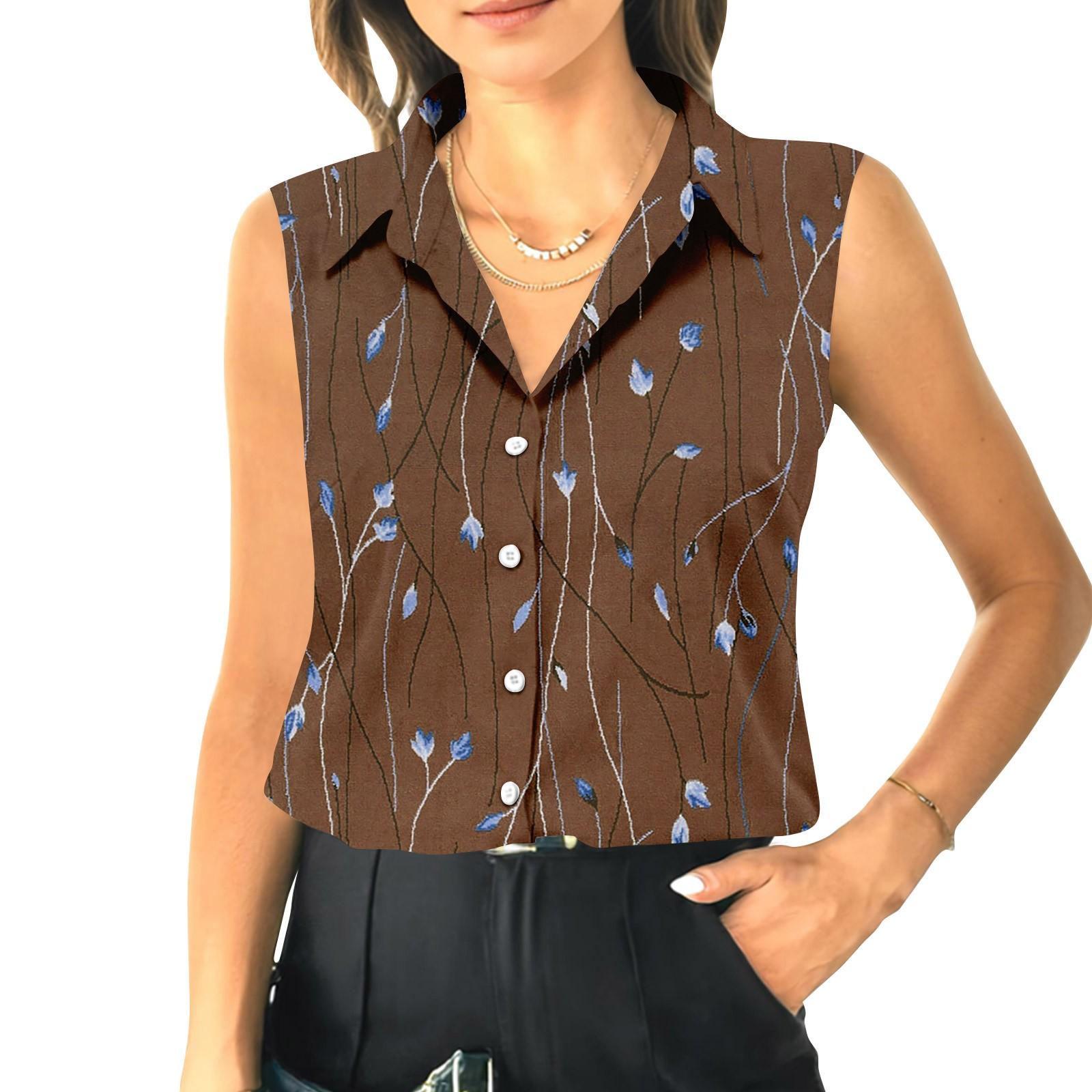 

Женский летний свободный топ без рукавов с воротником-стойкой S кофейный