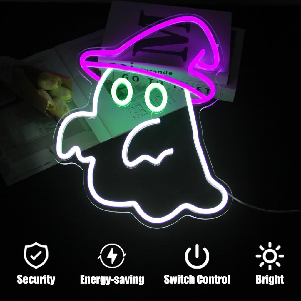 Witch Hat Ghost Neon Sign for Wall Decor Halloween Spooky Ghost LED Sign Gothic Lamp for Bedroom Bar Halloween House Party Decor