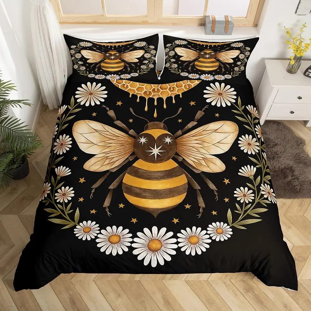 Bee And Butterfly Duvet Cover SetSpring Floral Bedding Sets For Boys GirlsColorful Flowers Country Style Comforter Cover Queen