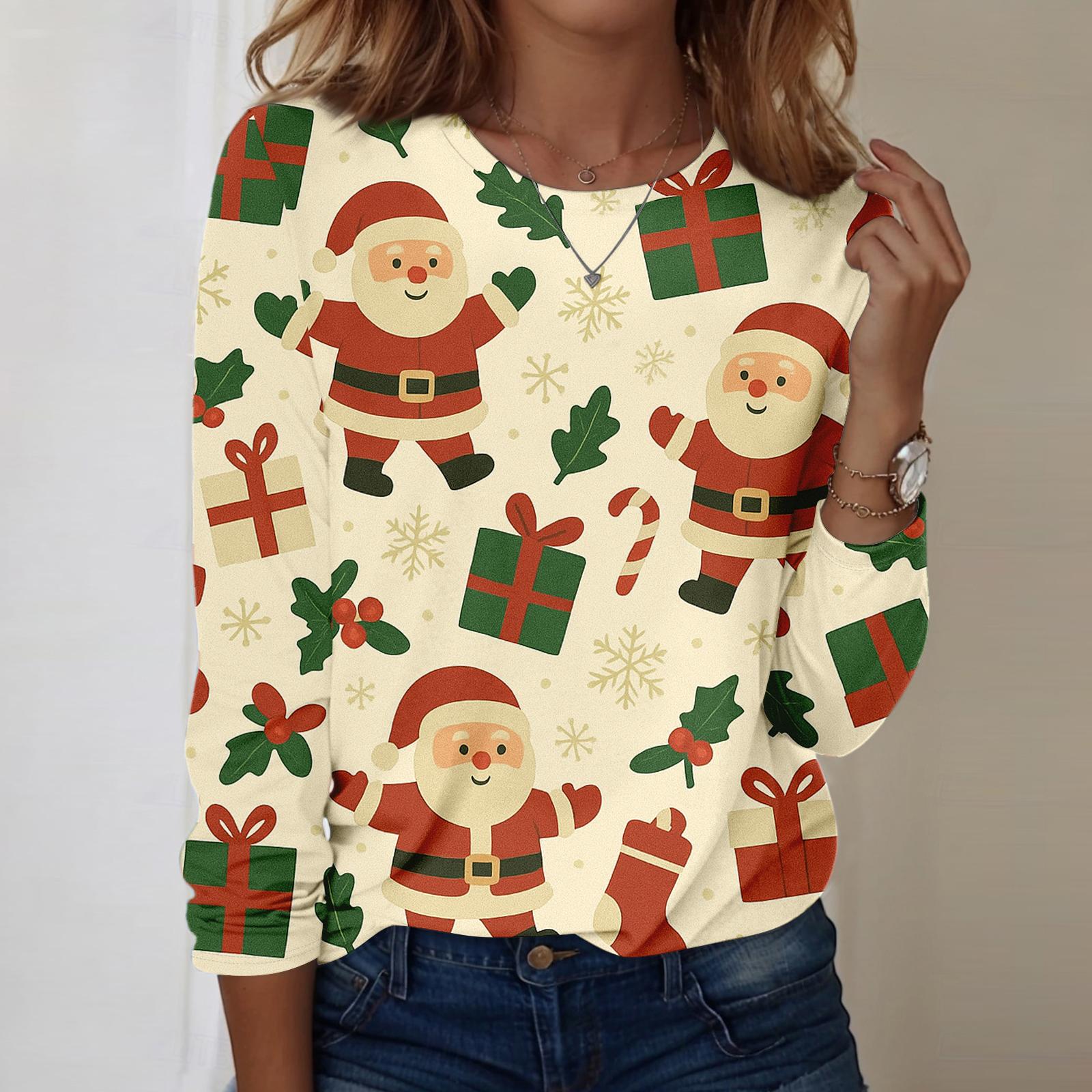 

Женская модная повседневная кофта с длинным рукавом, рождественским принтом и круглым вырезом XXL бежевый