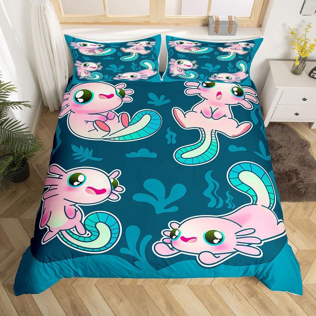 Lovely Axolotl Sleep Bedding Kit For Boys Girls Kawaii Reptiles Animal Comforter Cover Single Size King Size Size Sea Wildlife Axolotl Bed Cover