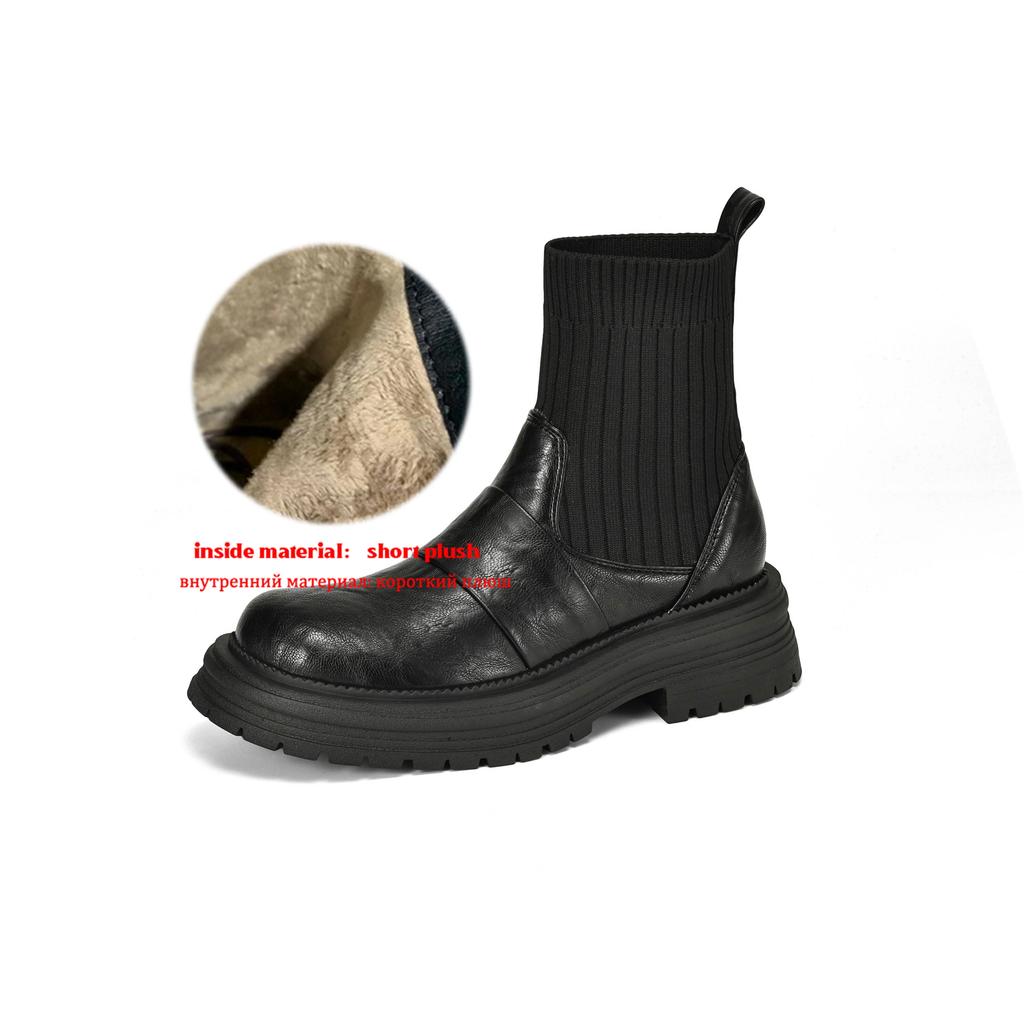 Krazing Pot Microfiber Autumn Winter Shoes Thick High Heels Flat Platform Size 43 Motorcycle Boots Knitwear Ankle Boots