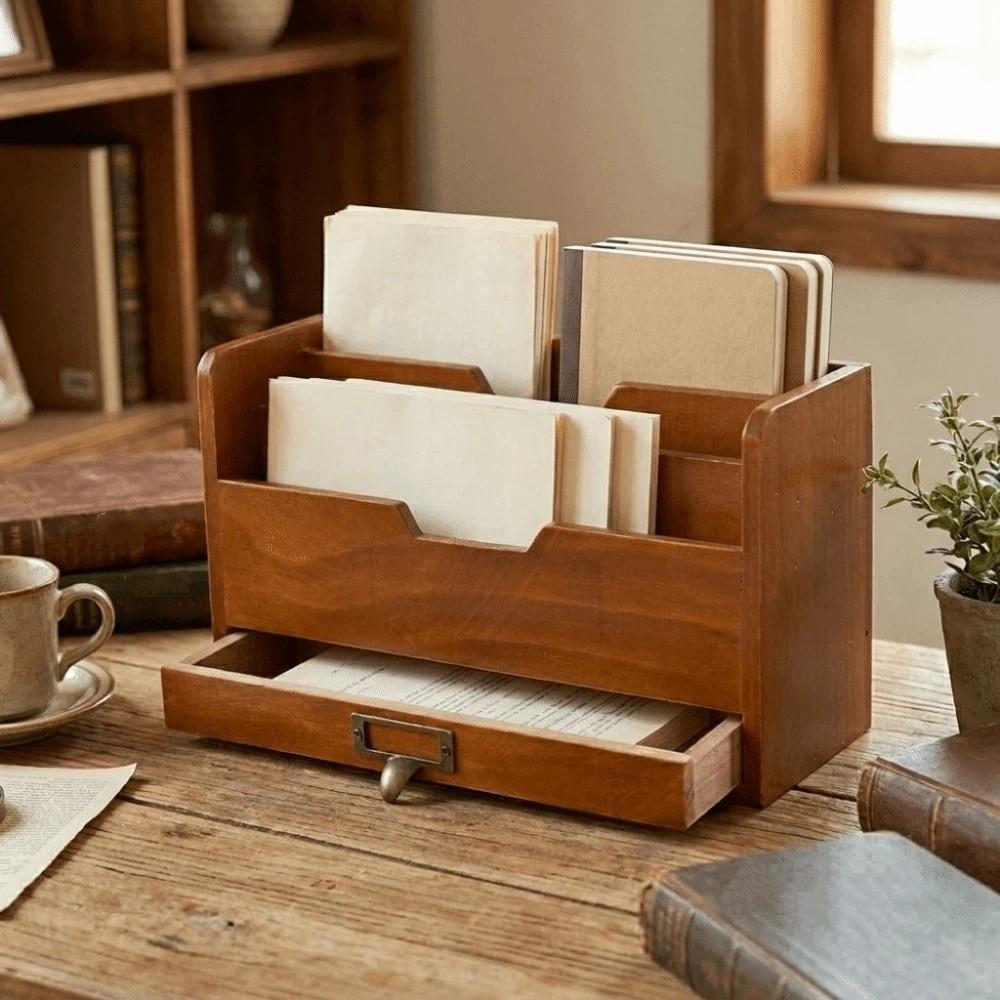Rustic Desktop Drawer Storage Box Wooden Mail Organizer Stationery Storage Containers Office Use
