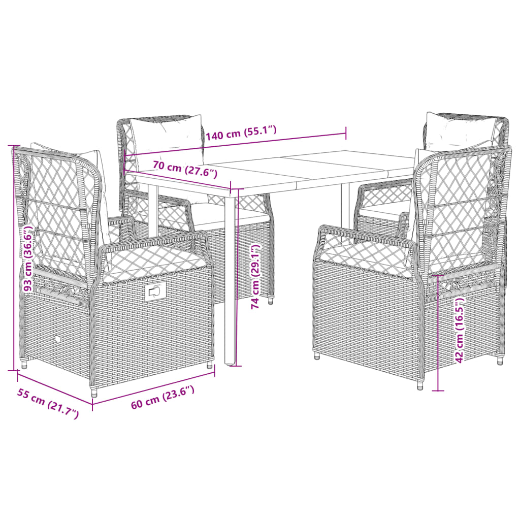 5 Piece Outdoor Dining Set with Cushions Brown Poly Rattan