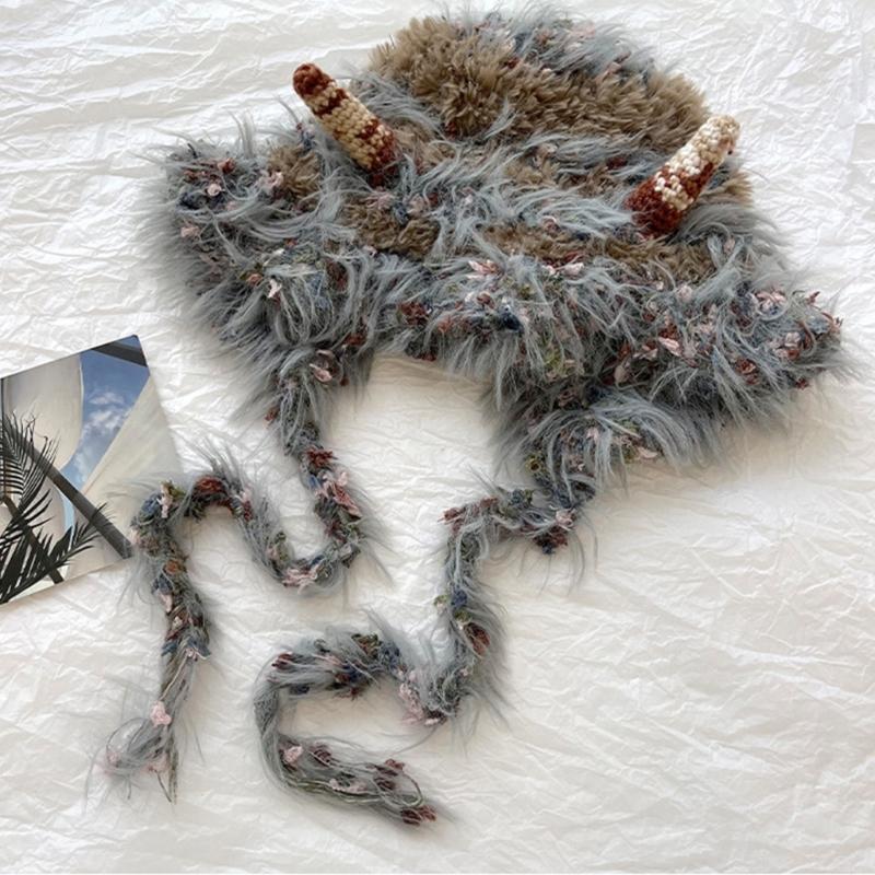 Lovely Horned Knitted Hat Soft Plush Monsters Hat Cold Weather Comfortable Hat for Winter Warmth and Ear Protecting