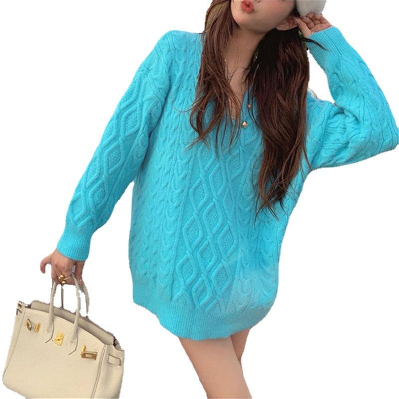 V-neck Twist Sweater Women In The Long Section of The Fall and Winter Loose Lazy Wind Gentle Pullover Knitted Tops