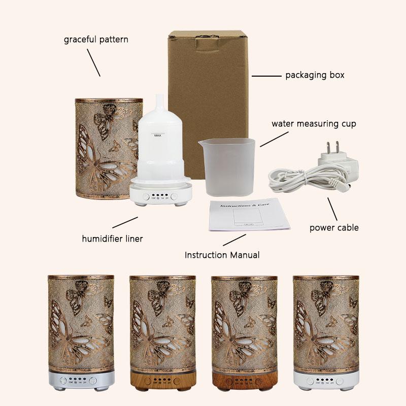 Ultrasonic Air Humidifier Aroma Diffuser Golden Hollow Butterfly Humidity Control Assistant with LED Lights