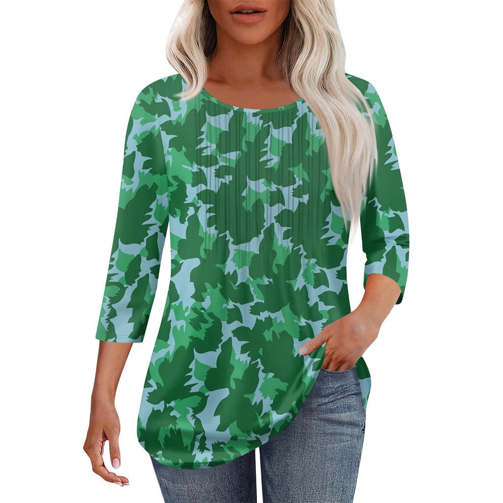 Women's Fashionable Casual Pleated Round Neck Casual Floral Print Seven Quarter Sleeved T-shirt Top