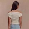 European and American summer women's clothing new solid color one-word shoulder pleats sexy slim temperament top