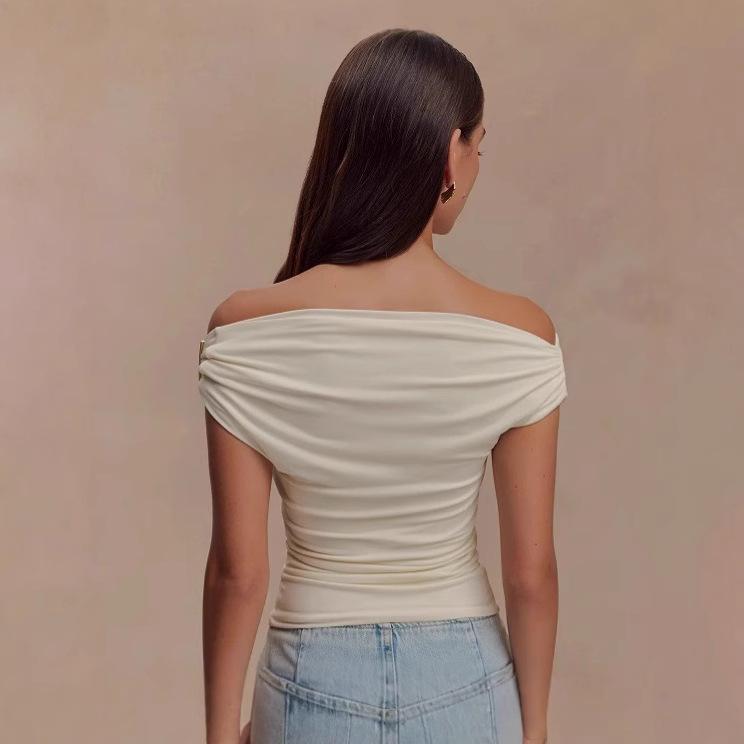 European and American summer women's clothing new solid color one-word shoulder pleats sexy slim temperament top