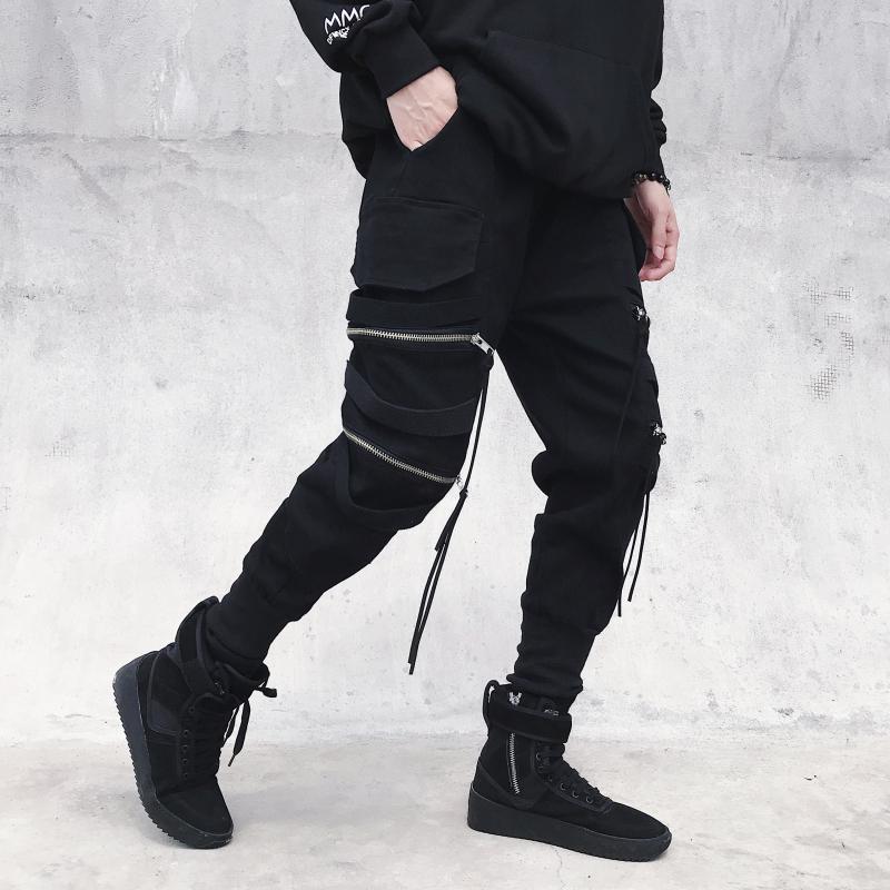 Men's Slim Fit Chinese Style Work Pants with Zipper and Ribbon Detail