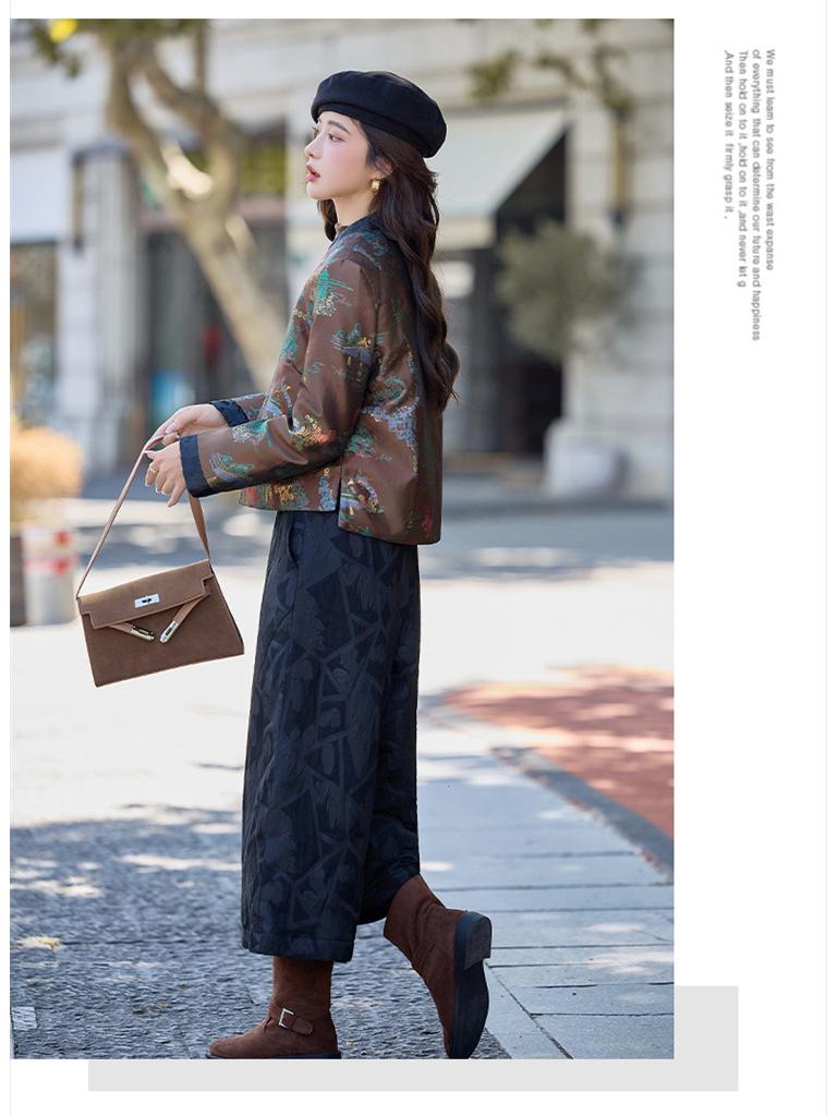 Women's New Chinese Style Jacquard Down Jacket & Wide-Leg Pants Set