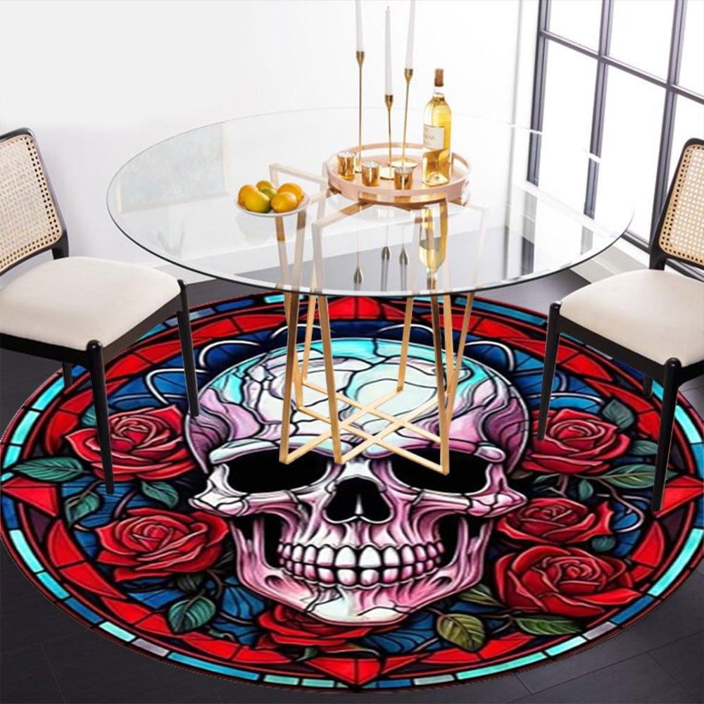 Stained Glass Skull with Roses Wall Art DecorRound Non-Slip Chair Mat Chair Carpet for Office Rugs for Office Decor Gift For Valentine's Day Mother's