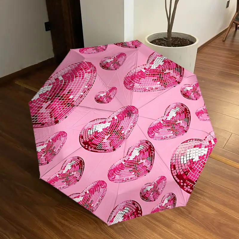 

Shiny Disco Ball Hearts Automatic Opening Folding Umbrella - Portable 3-Fold Design with 8-Bone Iron Frame, Perfect for Outdoor Use, Festive