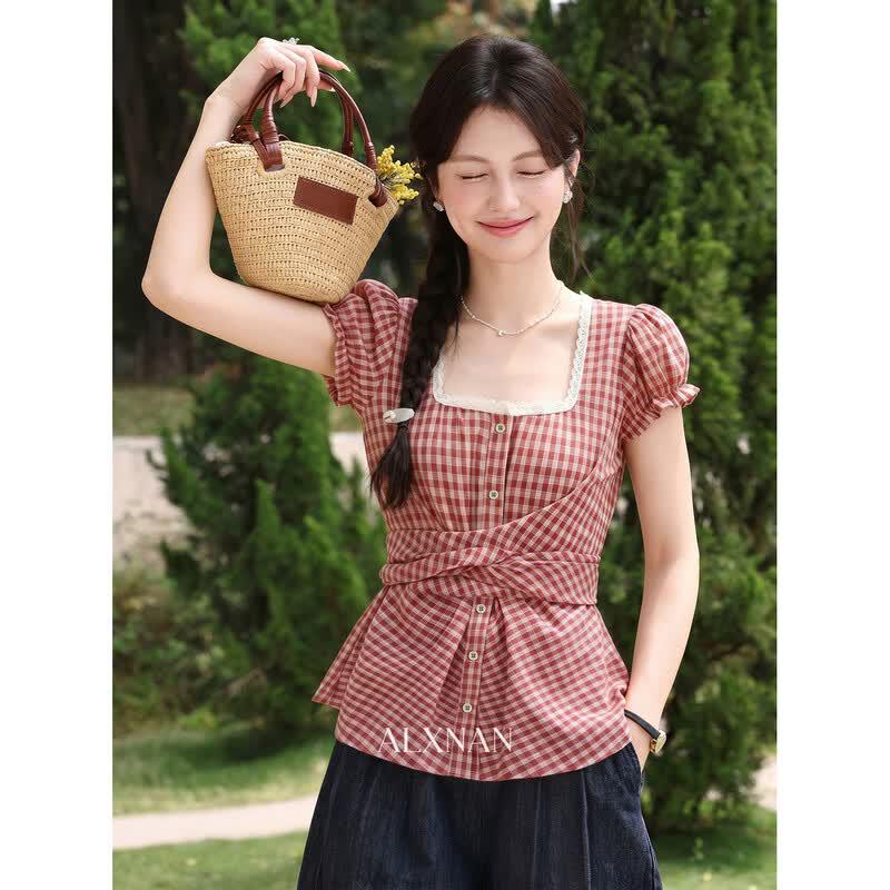 Women s Red Plaid Square Collar Short Sleeve Shirt L