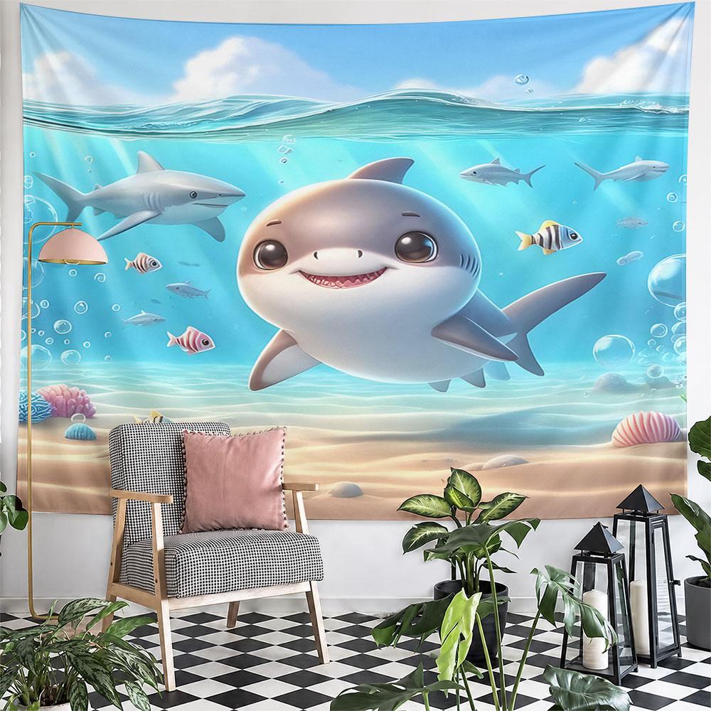 Cute Cartoon Shark Underwater Scene Pattern Wall Hanging Tapestry Decorative Tapestry Home Decor for Bedroom and Living Room